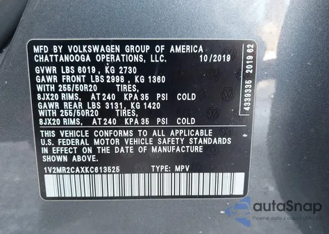2019 Volkswagen Atlas 3.6L V6 Sel z USA, uszkodzony, nr VIN 1V2MR2CAXKC613525